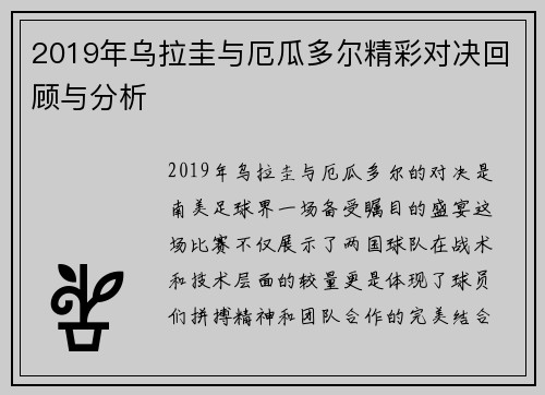 2019年乌拉圭与厄瓜多尔精彩对决回顾与分析